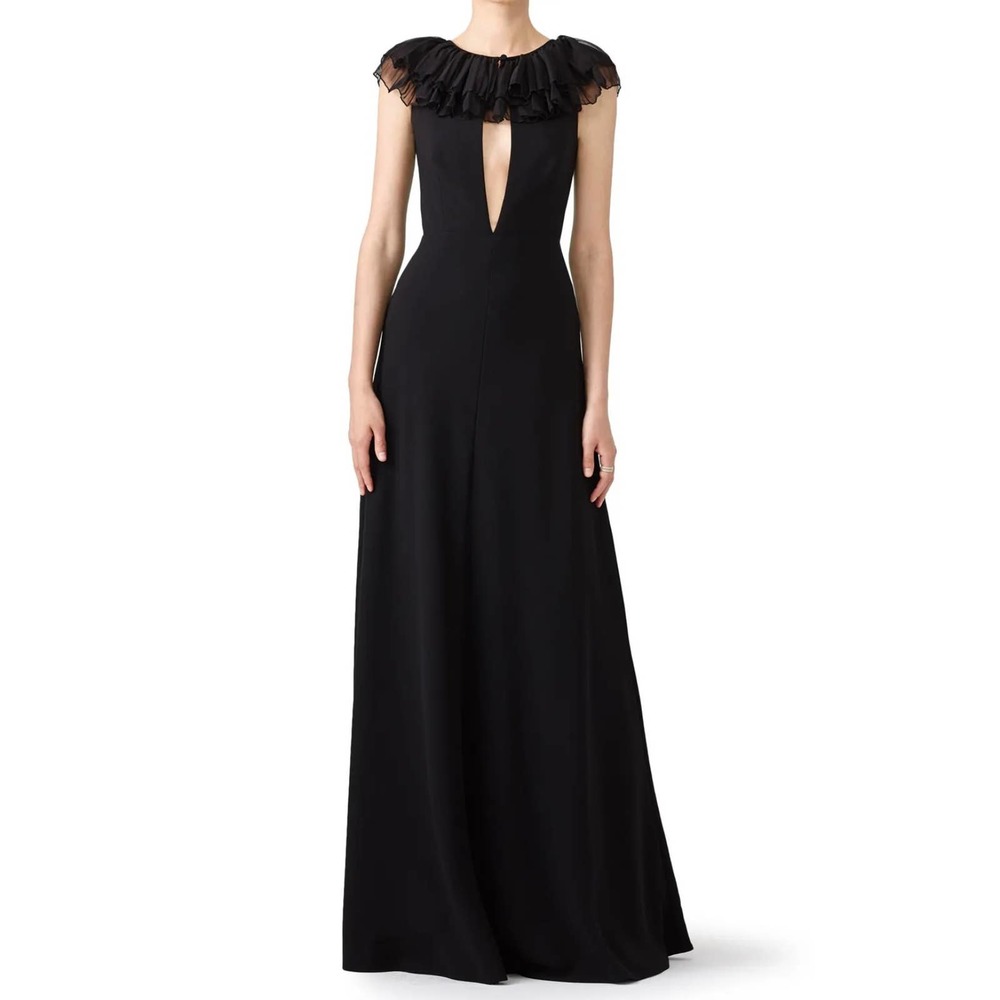 Elegant Black Evening Gown with Ruffled Keyhole Neckline